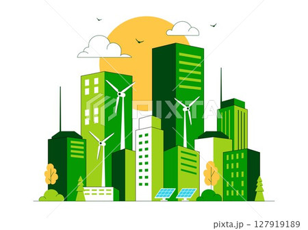 Green Building Vector Illustration Featuring a Beautiful Modern Eco Friendly Green City Panoramic View with Skyscrapers, Ecology and Sustainability Green Building Vector Illustration Featuring a Beautiful Modern Eco Friendly Green City Panoramic View with Skyscrapers, Ecology and Sustainability 127919189