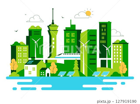 Green Building Vector Illustration Featuring a Beautiful Modern Eco Friendly Green City Panoramic View with Skyscrapers, Ecology and Sustainability Green Building Vector Illustration Featuring a Beautiful Modern Eco Friendly Green City Panoramic View with Skyscrapers, Ecology and Sustainability 127919190