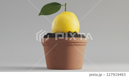 Mini plant lemon fruit on soil and clay pot for decoration nature care and healthy food lifestyle 127919463