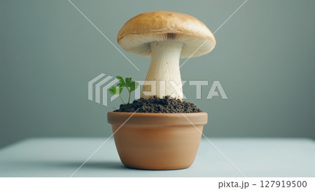 Mushroom on clay pot with soil houseplant decoration botanical gardening 127919500