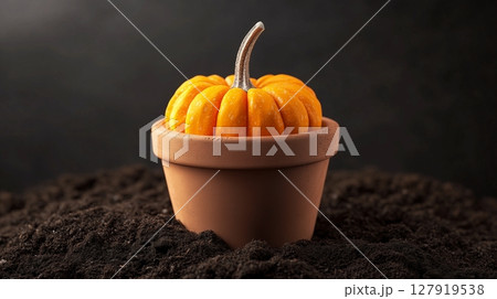Pumpkin vegetable on soil miniature garden house plant botanical decoration 127919538