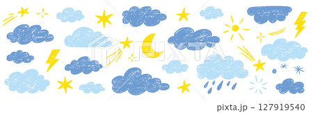 Crayon hand drawn pencil cloud element set. Hand drawn pastel crayon pencil stroke star, cloud, sun elements. Cute baby color sky elements school background with chalk texture. Vector 127919540