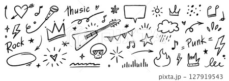 Doodle icon drawn punk music sketch set. Punk brush stroke texture with grunge lightning, arrow, speech bubble icon. Vector drawn guitar, crown, fire, crayon arrow doodle line. Vector Doodle icon drawn punk music sketch set. Punk brush stroke texture with grunge lightning, arrow, speech bubble icon. Vector drawn guitar, crown, fire, crayon arrow doodle line. Vector 127919543