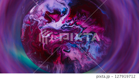 Flow texture. Round emulsion. Defocused red purple yellow colorful ink silver circle spreading on abstract neon acrylic background. Flow texture. Round emulsion. Defocused red purple yellow colorful ink silver circle spreading on abstract neon acrylic background. 127919712
