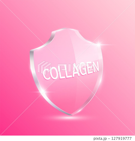 Collagen solution molecules pink in translucent glass shield modern. For design cosmetics products. Vitamins complex from nature. Medical health care skin protection. 3D Vector EPS10. 127919777