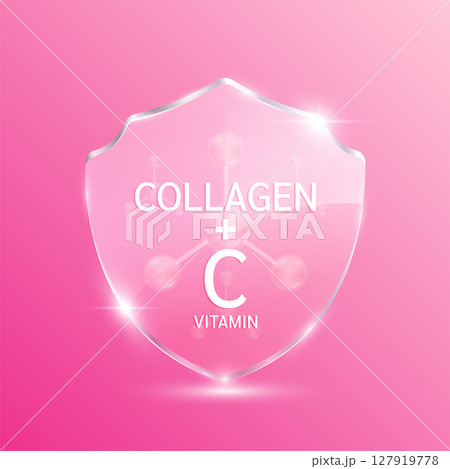 Collagen solution molecules and vitamin C pink in translucent glass shield modern. For design cosmetics products. Vitamins complex from nature. Medical health care skin protection. 3D Vector EPS10. Collagen solution molecules and vitamin C pink in translucent glass shield modern. For design cosmetics products. Vitamins complex from nature. Medical health care skin protection. 3D Vector EPS10. 127919778