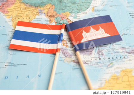 Bangkok, Thailand December 7, 2023, Thailand and Cambodia flag on world map. Bangkok, Thailand December 7, 2023, Thailand and Cambodia flag on world map. 127919941