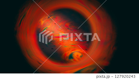 Spectrum defocused soap. Planet color eclipse. Cosmic sphere orange red ink blend on black background. Swirl glow leak abstract round frame. 127920243