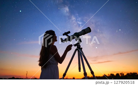 夏の夜空を望遠鏡で見る人のシルエット 127920518