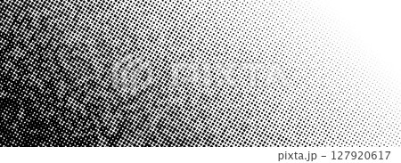Grunge halftone gradient texture. Black pixelated corner backdrop. Weathered grit noise background. Damaged glitched print overlay. Fade gritty sand wallpaper. Vector smudged texture template surface 127920617