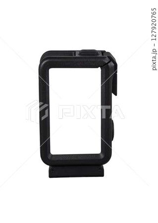 black action camera in protective case on transparent background. High quality photo 127920765