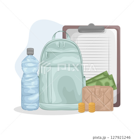 Illustration of Backpack and water bottle 127921246