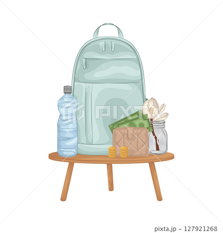 Illustration of Backpack and water bottle Illustration of Backpack and water bottle 127921268