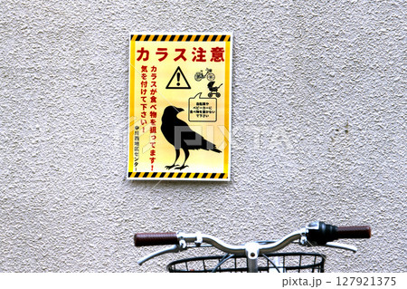 日本の横浜都市景観カラス注意　カラスが食べ物を狙ってます！気を付けて下さい！＝横浜市内  127921375
