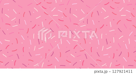 Simple Sprinkle Seamless Pattern. Pink donut glaze with colorful decorative sprinkles. Vector Illustration in scandinavian style Simple Sprinkle Seamless Pattern. Pink donut glaze with colorful decorative sprinkles. Vector Illustration in scandinavian style 127921411