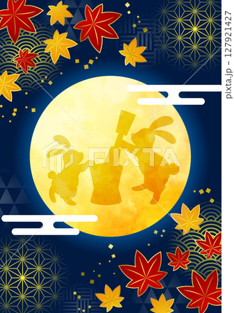 お月見背景、和柄玉、縦、イラスト、かわいい、和風、うさぎ 127921427