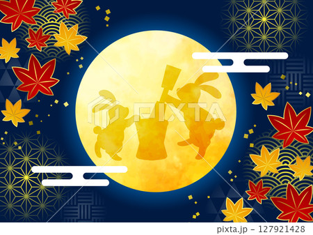お月見背景、和柄玉、横、イラスト、かわいい、和風、うさぎ 127921428