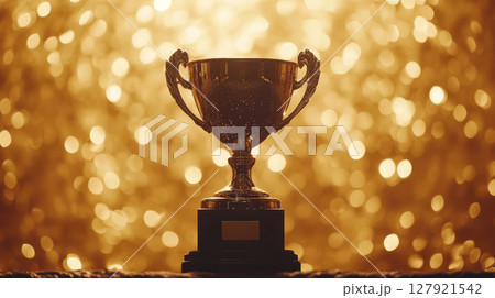 beautifully crafted shiny trophy stands against backdrop of golden bokeh lights, symbolizing achievement and celebration 127921542