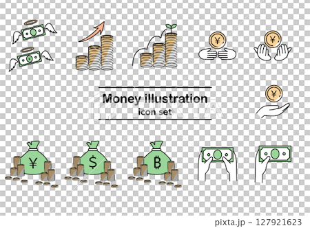 家計管理や金融教育に役立つカラフルなお金のアイコンセット｜通貨,紙幣,コイン,投資,貯金,成長,収入 127921623