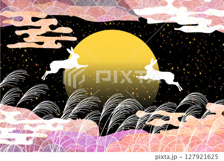 月見　うさぎ　風景　秋　背景	 127921625