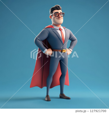 Confident businessman superhero costume stands proudly, showcasing blend of professionalism 127921700