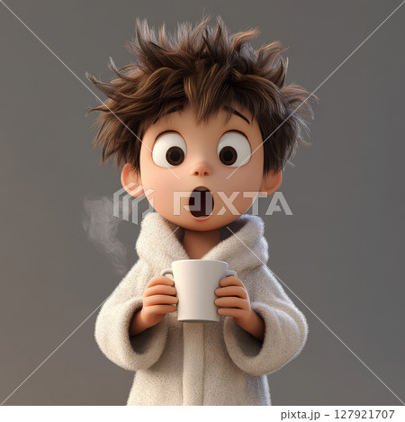 Cozy young boy in fluffy robe, surprised expression, holding steaming cup 127921707
