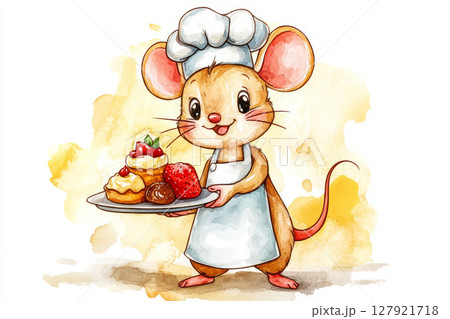 Cute cartoon mouse chef holding plate of desserts, smiling happily Cute cartoon mouse chef holding plate of desserts, smiling happily 127921718