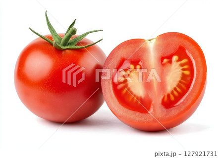 Fresh juicy red tomato cut in half, showcasing its vibrant interior and seeds 127921731