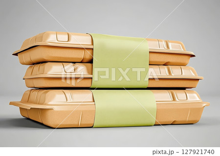 Stacked food containers with green band, ideal for takeout or meal prep, showcasing eco friendly Stacked food containers with green band, ideal for takeout or meal prep, showcasing eco friendly 127921740