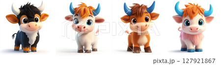 Cute cartoon calves with colorful fur and expressive eyes, showcasing playful personalities Cute cartoon calves with colorful fur and expressive eyes, showcasing playful personalities 127921867