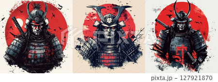 Samurai warriors in traditional armor with striking red sun background evoke strength and honor 127921870