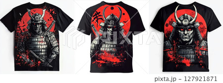 Samurai t shirt design featuring warrior armor with red background, showcasing strength 127921871
