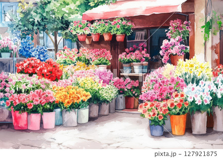 Charming flower shop filled with vibrant blooms in colorful pots, creating joyful atmosphere Charming flower shop filled with vibrant blooms in colorful pots, creating joyful atmosphere 127921875
