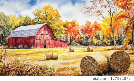Vibrant watercolor painting of red barn surrounded by golden hay bales colorful autumn landscape Vibrant watercolor painting of red barn surrounded by golden hay bales colorful autumn landscape 127921879