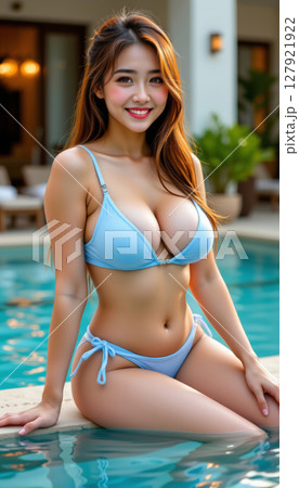 A beautiful young woman in a light blue bikini poses by a luxurious poolside under the sun. With long flowing hair and a radiant smile 127921922