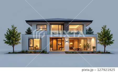 Modern home exterior with large windows, lush greenery, and welcoming entrance, showcasing stylish design and inviting Modern home exterior with large windows, lush greenery, and welcoming entrance, showcasing stylish design and inviting 127921925
