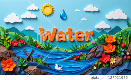 Vibrant paper art scene depicting flowing river with colorful flowers, mountains, and bright sun, symbolizing water beauty Vibrant paper art scene depicting flowing river with colorful flowers, mountains, and bright sun, symbolizing water beauty 127921926