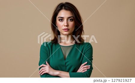 Confident woman with medium length hair poses in green dress against neutral background, exuding elegance and poise Confident woman with medium length hair poses in green dress against neutral background, exuding elegance and poise 127921927