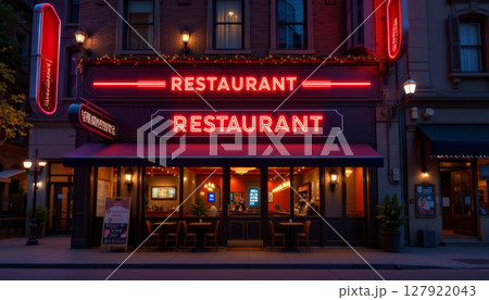 Elegant restaurant facade at night with bright neon signs creating welcoming atmosphere 127922043