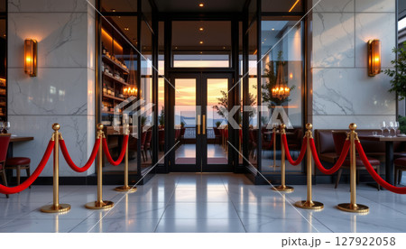 Luxurious restaurant entrance with elegant decor and red ropes, inviting guests to enjoy 127922058