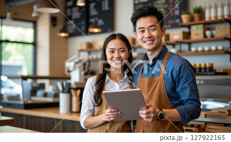 Successful small business owners smile together in cozy cafe, showcasing teamwork and dedication 127922165
