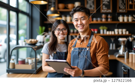 Happy small business owners in cozy cafe, showcasing their success and teamwork with tablet Happy small business owners in cozy cafe, showcasing their success and teamwork with tablet 127922166