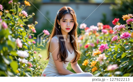 Serene portrait of woman surrounded by vibrant roses, exuding elegance and beauty 127922213