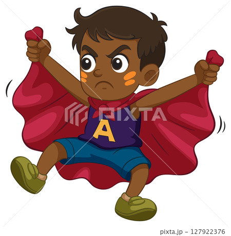 Determined Superhero Boy in Red Cape Illustration 127922376