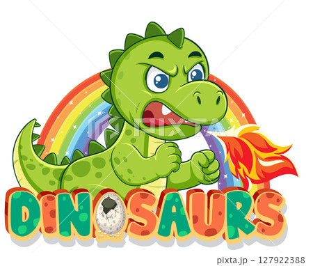Colorful Dinosaur Breathing Fire with Rainbow Background 127922388