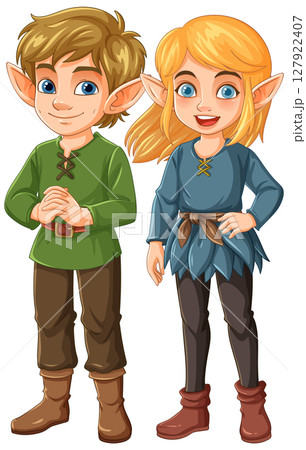 Charming Elf Duo in Fantasy Attire Charming Elf Duo in Fantasy Attire 127922407