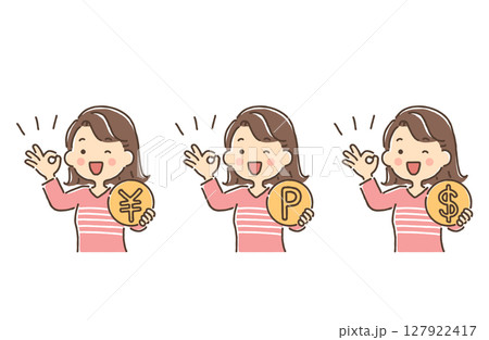 コインを持ちOKサインをしている若い女性（￥・P・＄） 127922417