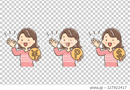 コインを持ちOKサインをしている若い女性（￥・P・＄） 127922417