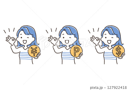 コインを持ちOKサインをしている若い女性（￥・P・＄） 127922418