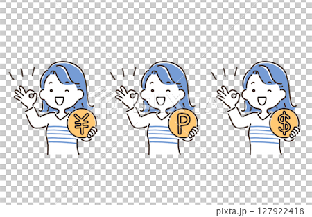 コインを持ちOKサインをしている若い女性（￥・P・＄） 127922418